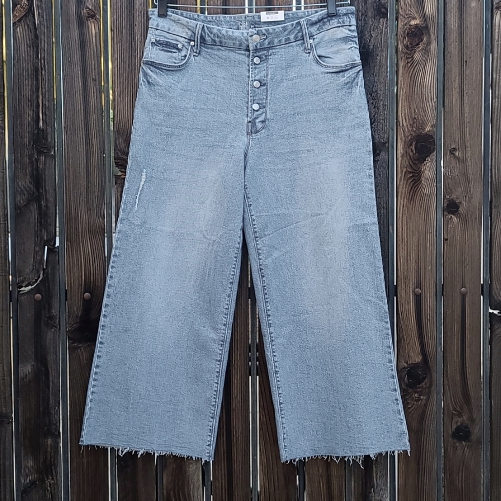 TIME AND TRU High Waisted Wide Leg Jeans 14  Button Up Stretch Raw Hem Cropped - Picture 7 of 16
